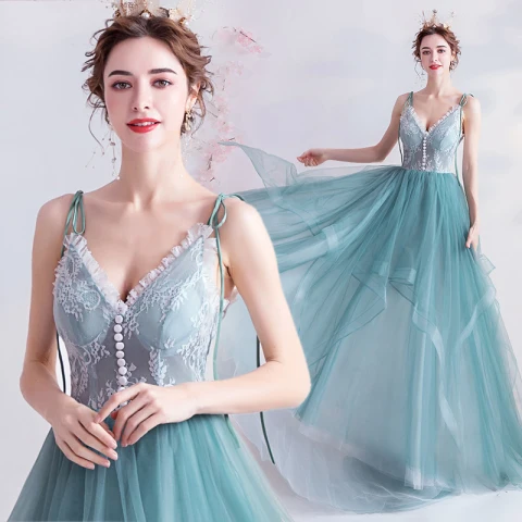 Elegancka Limonkowy Sukienki Na Bal 2020 Princessa Spaghetti Pasy Z Koronki Kwiat Bez Rękawów Bez Pleców Kaskadowe Falbany Trenem Sweep Sukienki Wizytowe