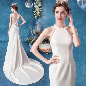 Affordable Ivory Wedding Dresses 2020 Trumpet Mermaid Scoop Neck Lace Flower Sleeveless Backless Court Train