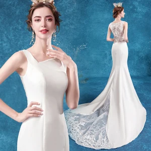 Affordable Ivory Wedding Dresses 2020 Trumpet Mermaid Square Neckline Pierced Lace Flower Sleeveless Sweep Train
