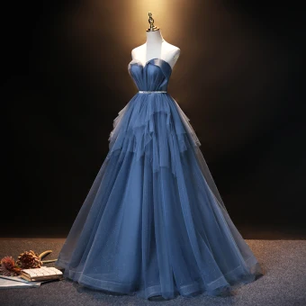 Mote Hav Blå Ballkjoler 2021 Prinsesse Strapless Rhinestone Sash Uten Ermer Ryggløse Lange Formelle Kjoler