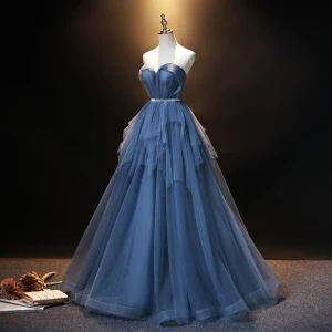 Fashion Ocean Blue Prom Dresses 2021 A Line Princess Strapless Rhinestone Sash Sleeveless Backless Floor Length Long Formal Dresses