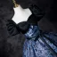 Vintage / Retro Navy Blue Printing Prom Dresses 2025 Ball Gown Square Neckline Puffy Short Sleeve Bow Sash Backless Floor-Length / Long Prom Formal Dresses