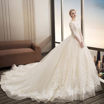 Chic Beautiful Champagne Wedding Dresses 2018 Ball Gown Lace Appliques Sequins V Neck Backless 1 2 Sleeves Cathedral Train Wedding