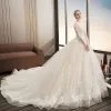 Chic / Beautiful Champagne Wedding Dresses 2018 Ball Gown Lace Appliques Sequins V-Neck Backless 1/2 Sleeves Cathedral Train Wedding