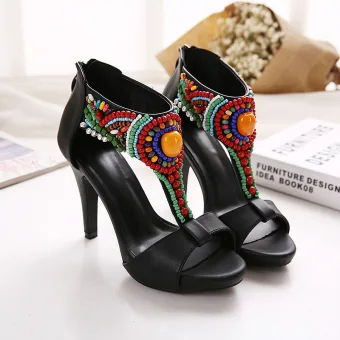 Fashion Ethnic Black Casual Leather Womens Sandals 2020 Beading T Strap 11 Cm Stiletto Heels Open Peep Toe Sandals
