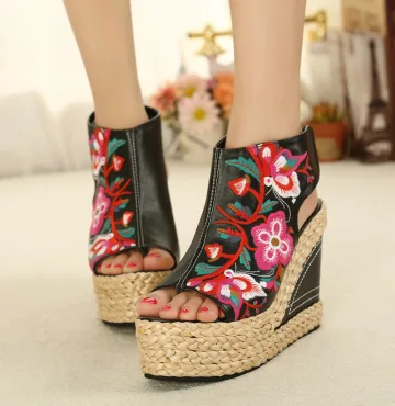 Chic Beautiful Black Street Wear Womens Sandals 2020 Leather Braid Embroidered 11 Cm Wedges Open Peep Toe Sandals