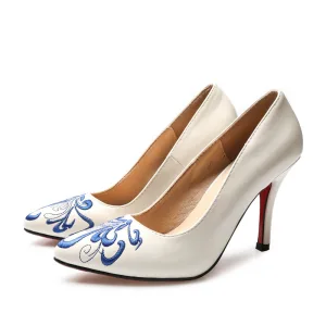 Chinesischer Stil Weiß Stickerei Pumps 2020 9 Cm Stilettos Spitzschuh Pumps