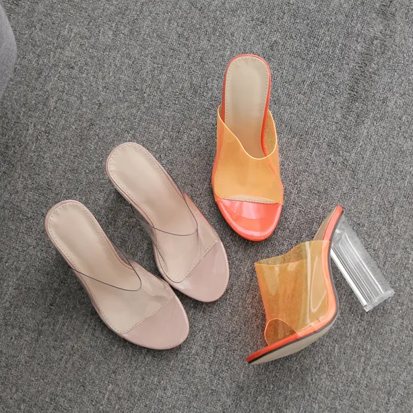 Sexy Transparent Orange Gateklær Sandaler Dame 2020 11 cm Tykk Hæler Peep Toe Sandaler