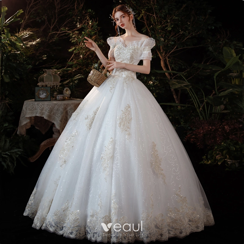 Abordable Ivoire Glitter Paillettes Robe De Mariee 2021 Robe Boule De l epaule En Dentelle Fleur Manches Courtes Dos Nu Longue Mariage