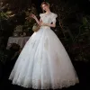 Affordable Ivory Glitter Sequins Wedding Dresses 2021 Ball Gown Off-The-Shoulder Lace Flower Short Sleeve Backless Floor-Length / Long Wedding
