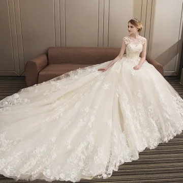 Moderne Mode Champagne Robe De Mariée 2018 Robe Boule En Dentelle Appliques Perlage Paillettes Encolure Dégagée Dos Nu Sans Manches Royal Train Mariage