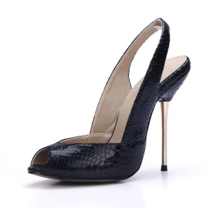 Chic Belle Noire Vêtement De Rue Slingbacks Sandales Femme 2020 Motif Peau De Serpent 11 Cm Talons Aiguilles Peep Toes Bout Ouvert Sandales