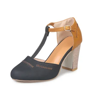 Romain Noire Vêtement De Rue Sandales Femme 2020 T Strap 8 Cm Talons Épais À Bout Rond Sandales