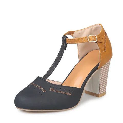 Roman Black Street Wear Womens Sandals 2020 T-Strap 8 cm Thick Heels Round Toe Sandals