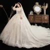 Luxury / Gorgeous Champagne Plus Size Wedding Dresses 2021 Ball Gown V-Neck Beading Sequins Lace Flower 3/4 Sleeve Backless Royal Train Wedding