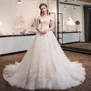 Chic Belle Champagne Robe De Mariée 2018 Princesse Glitter En Dentelle Fleur Faux Diamant De L Épaule Dos Nu Sans Manches Cathedral Train Mariage