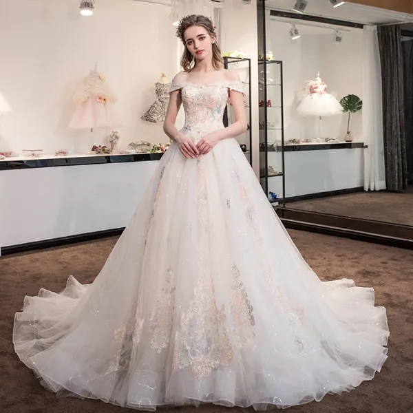 Chic / Beautiful Champagne Wedding Dresses 2018 A-Line / Princess Glitter Lace Flower Rhinestone Off-The-Shoulder Backless Sleeveless Cathedral Train Wedding
