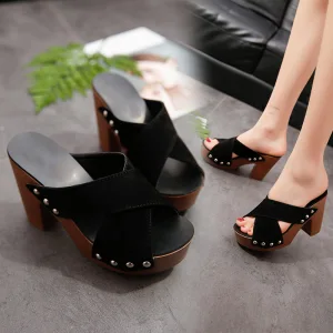 Romain Noire Désinvolte Rivet Sandales Femme 2020 5 Cm Talons Épais Peep Toes Bout Ouvert Sandales