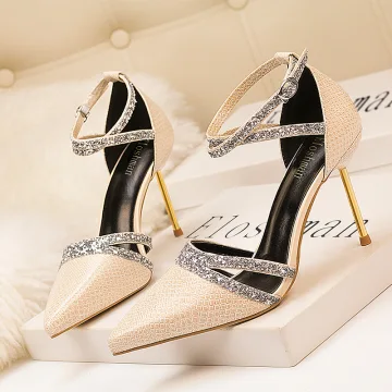 Charming Beige Cocktail Party Sequins Womens Sandals 2020 Ankle Strap 10 Cm Stiletto Heels Pointed Toe Sandals