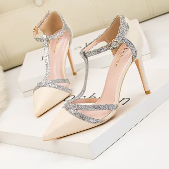 Fashion Nude Evening Party Womens Sandals 2020 Sequins T Strap 11 Cm Stiletto Heels Pointed Toe Sandals