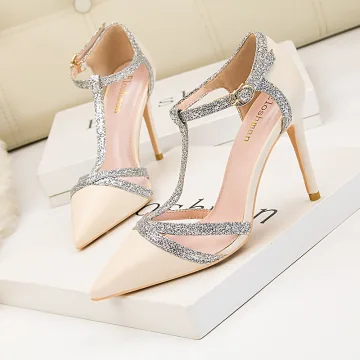Mode Nues Soirée Sandales Femme 2020 Paillettes T Strap 11 Cm Talons Aiguilles À Bout Pointu Sandales