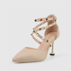 Chic Beautiful Beige Dating Womens Sandals 2020 Rivet X Strap 8 Cm Stiletto Heels Pointed Toe Sandals