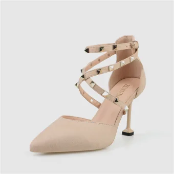 Chic Beautiful Beige Dating Womens Sandals 2020 Rivet X Strap 8 Cm Stiletto Heels Pointed Toe Sandals