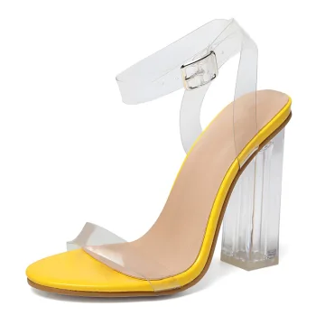 Doorzichtig Sexy Gele Huwelijksreis Sandalen Dames 2020 Enkelband 11 Cm Dikke Hak Peep Toe Sandalen