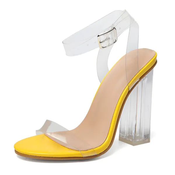 Transparent Sexy Gelb Flitterwochen Sandalen Damen 2020 Knöchelriemen 11 cm Thick Heels Peeptoes Sandaletten