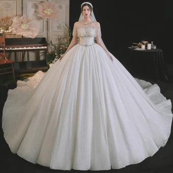 Luxe Ivoire Perlage Faux Diamant Paillettes Robe De Mariée 2021 Robe Boule Encolure Dégagée En Dentelle Fleur Manches Courtes Dos Nu Royal Train Mariage