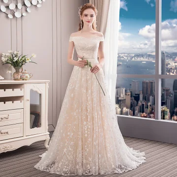 Moderne Mode Champagne Robe De Mariée 2018 Princesse Étoile De L Épaule Dos Nu Sans Manches Train De Balayage Mariage