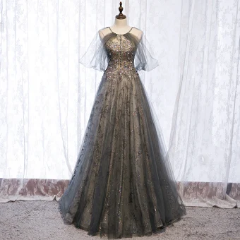 Charming Grey Evening Dresses 2020 A Line Princess Scoop Neck Beading Rhinestone Sequins Short Sleeve Backless Floor Length Long Formal Dresses
