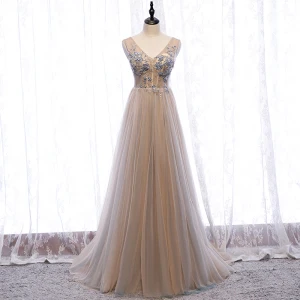 Charming Champagne Evening Dresses 2020 A Line Princess V Neck Beading Pearl Rhinestone Sequins Lace Flower Sleeveless Backless Floor Length Long Formal Dresses