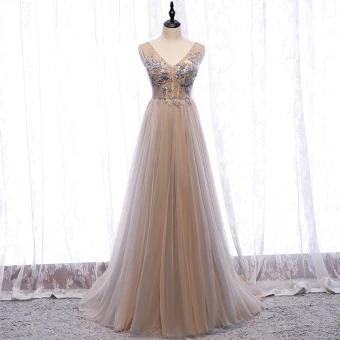 Charming Champagne Evening Dresses 2020 A Line Princess V Neck Beading Pearl Rhinestone Sequins Lace Flower Sleeveless Backless Floor Length Long Formal Dresses
