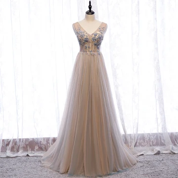 Charmant Champagne Robe De Soirée 2020 Princesse V Cou Perlage Perle Faux Diamant Paillettes En Dentelle Fleur Sans Manches Dos Nu Longue Robe De Ceremonie
