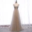 Charming Champagne Evening Dresses  2020 A-Line / Princess V-Neck Beading Pearl Rhinestone Sequins Lace Flower Sleeveless Backless Floor-Length / Long Formal Dresses