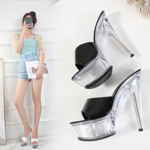 Seksowne Czarne Karnawał Sandały Damskie 2020 Skóry Lakierowanej 15 Cm Szpilki Peep Toe Sandały
