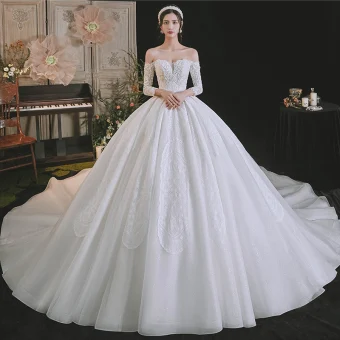 Luxe Ivoire Perlage Perle En Dentelle Fleur Robe De Mariée 2021 Robe Boule De L 039 Épaule Manches Courtes Dos Nu Royal Train Mariage