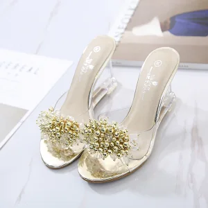 Chic Belle Doré Désinvolte Faux Diamant Sandales Femme 2020 8 Cm Compensées Peep Toes Bout Ouvert Sandales