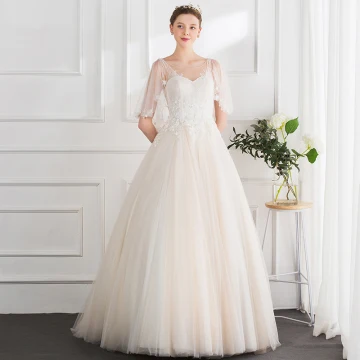Chic Beautiful Champagne Wedding Dresses 2018 Ball Gown Lace Appliques Pearl Scoop Neck Backless 1 2 Sleeves Floor Length Long Wedding