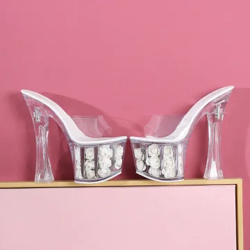 Chic Belle Blanche Jardin Extérieur Cristal Sandales Femme 2020 17 Cm Talons Épais Peep Toes Bout Ouvert Sandales