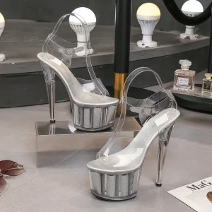 Sexy Argenté Club De Carnaval Chaussures Femmes 2020 Bride Cheville 17 Cm Talons Aiguilles Peep Toes Bout Ouvert Sandales