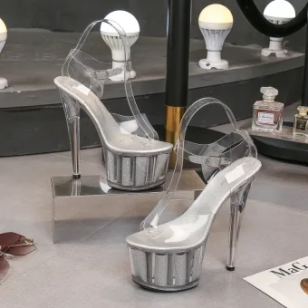 Sexy Zilveren Rave Club Damesschoenen 2020 Enkelband 17 Cm Naaldhakken Stiletto Peep Toe Sandalen