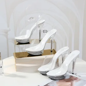 Sexy White Rave Club Crystal Womens Sandals 2020 Ankle Strap 13 Cm Stiletto Heels Open Peep Toe Sandals