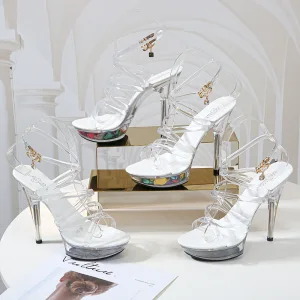 Sexy White Honeymoon Crystal Womens Sandals 2020 X Strap Ankle Strap 13 Cm Stiletto Heels Open Peep Toe Sandals