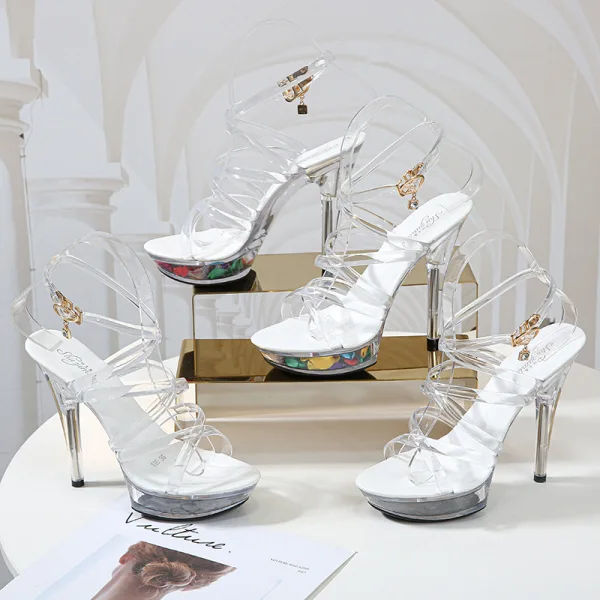Sexy Blanche Voyage de noces Cristal Sandales Femme 2020 X-Strap Bride Cheville 13 cm Talons Aiguilles Peep Toes / Bout Ouvert Sandales