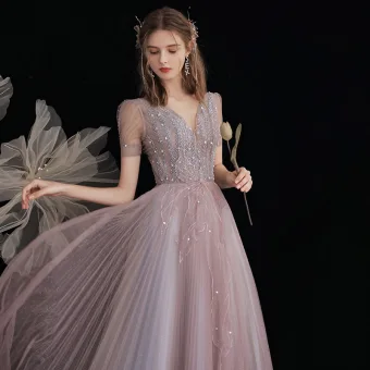 Luxe Perlage Paillettes Lavande Robe De Soirée Robe De Bal 2021 Princesse Encolure Dégagée Manches Courtes Dos Nu Longue Soirée Robe De Ceremonie