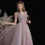 Luxury / Gorgeous Beading Sequins Lavender Evening Dresses  Prom Dresses 2021 A-Line / Princess Scoop Neck Short Sleeve Backless Floor-Length / Long Evening Party Formal Dresses