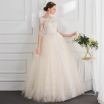Mode Champagner Brautkleider 2018 Ballkleid Perlenstickerei Perle Applikationen Rundhalsausschnitt 1 2 Ärmel Lange Hochzeit