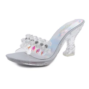 Charmig Silver Gatukläder Kristall Sandaler Dam 2020 9 Cm Stilettklackar Peep Toe Sandaler